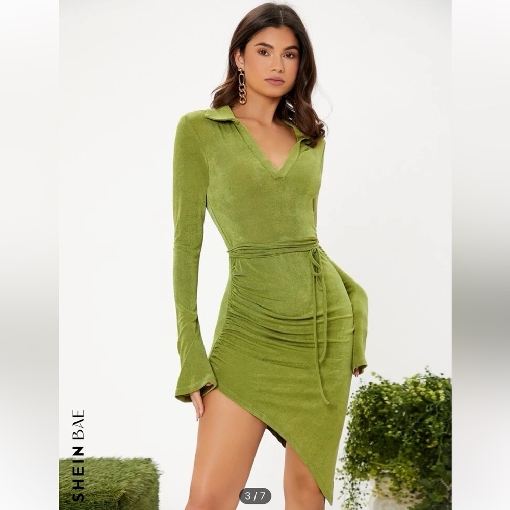 SHEIN NWT Solid V Collared Asymmetrical Hem Dress in Green